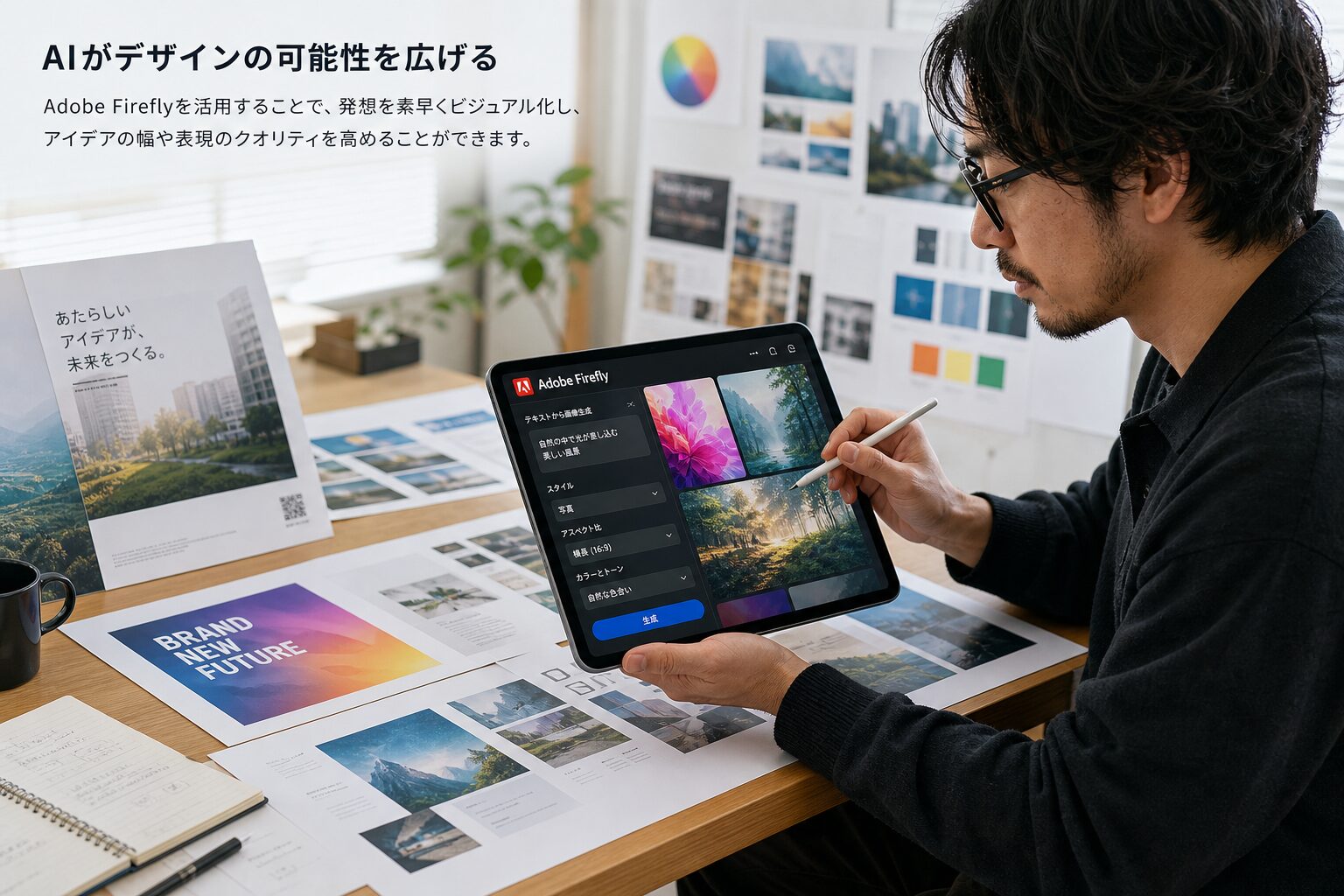 タブレットでAdobe Fireflyを使いながら、テーブル上で印刷物のラフを確認するアートディレクターの男性
