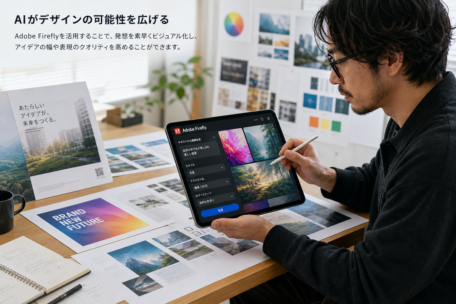 タブレットでAdobe Fireflyを使いながら、テーブル上で印刷物のラフを確認するアートディレクターの男性