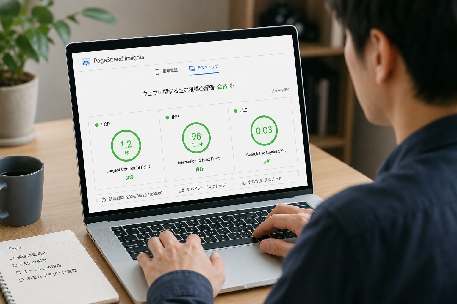 ノートパソコンでPageSpeed Insightsの計測結果を確認する30代Webディレクターの手元、画面にはLCP・INP・CLSのスコアが表示されている