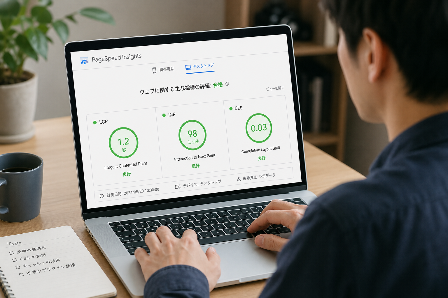 ノートパソコンでPageSpeed Insightsの計測結果を確認する30代Webディレクターの手元、画面にはLCP・INP・CLSのスコアが表示されている