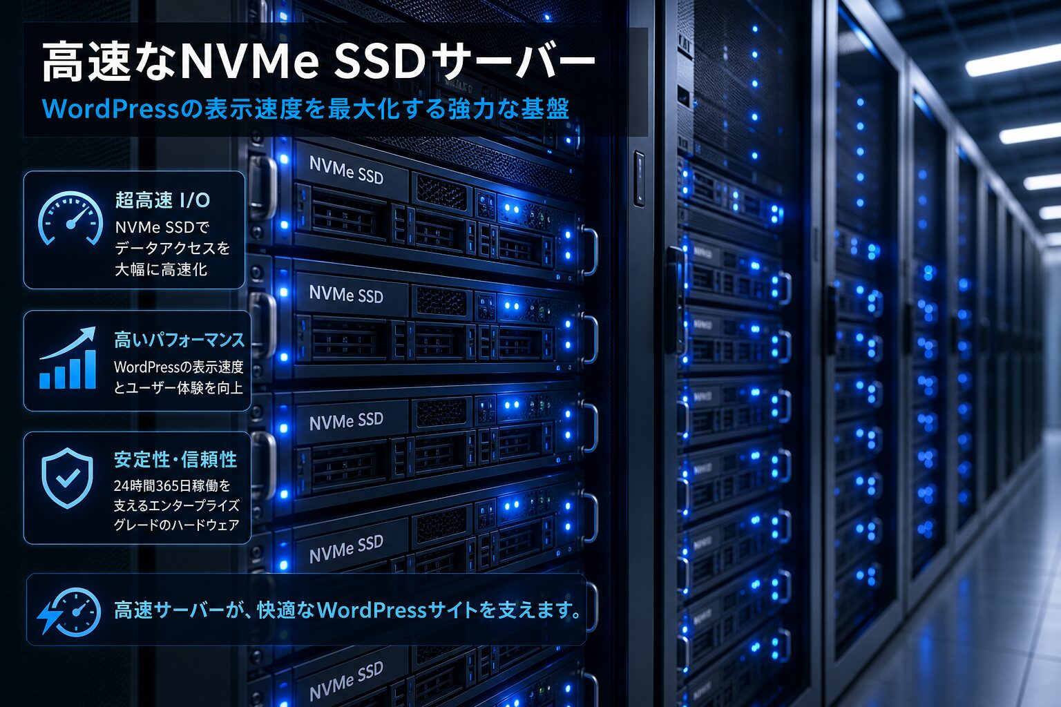 サーバールームのラックに整列するNVMe SSDサーバー、青いLEDが点灯し近未来的な雰囲気