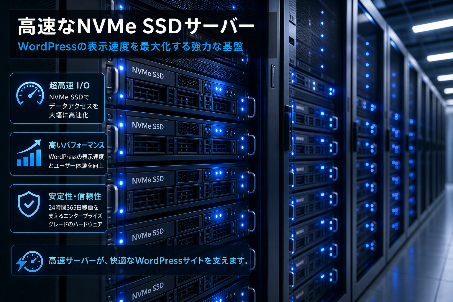 サーバールームのラックに整列するNVMe SSDサーバー、青いLEDが点灯し近未来的な雰囲気