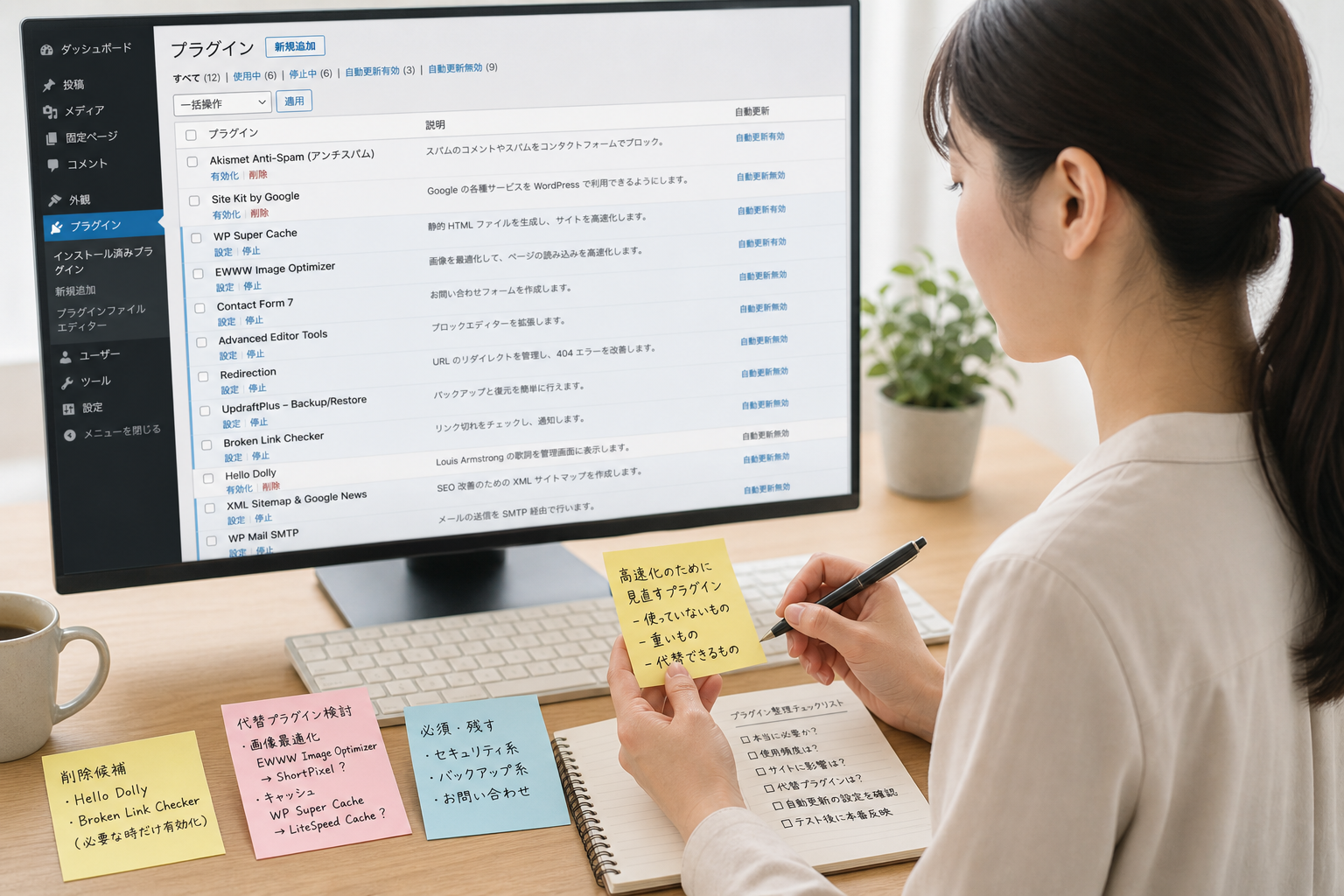 WordPress管理画面のプラグイン一覧を整理する女性Web担当者、付箋でメモを取りながら作業している様子