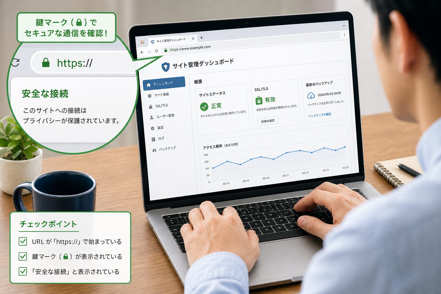ノートパソコンの画面にHTTPSの鍵マークが表示され、セキュアな通信を確認するWeb管理者の手元