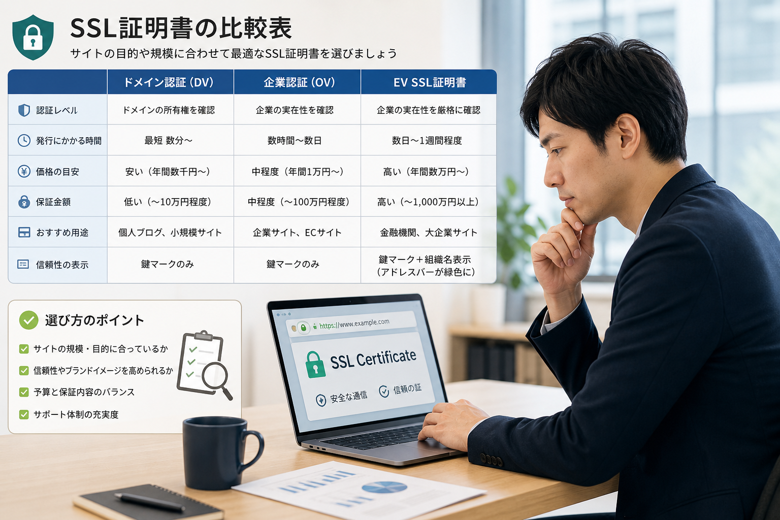モダンなオフィスでサーバー証明書の比較表を見ながら検討する30代のIT担当者