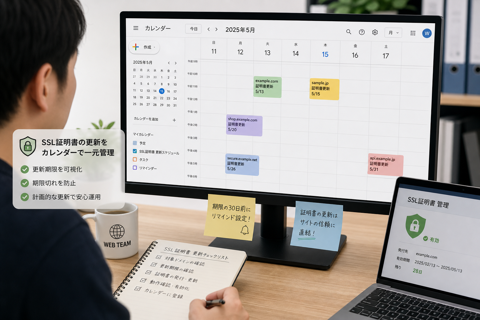 カレンダーアプリで証明書更新スケジュールを管理するWeb担当者のデスク周り