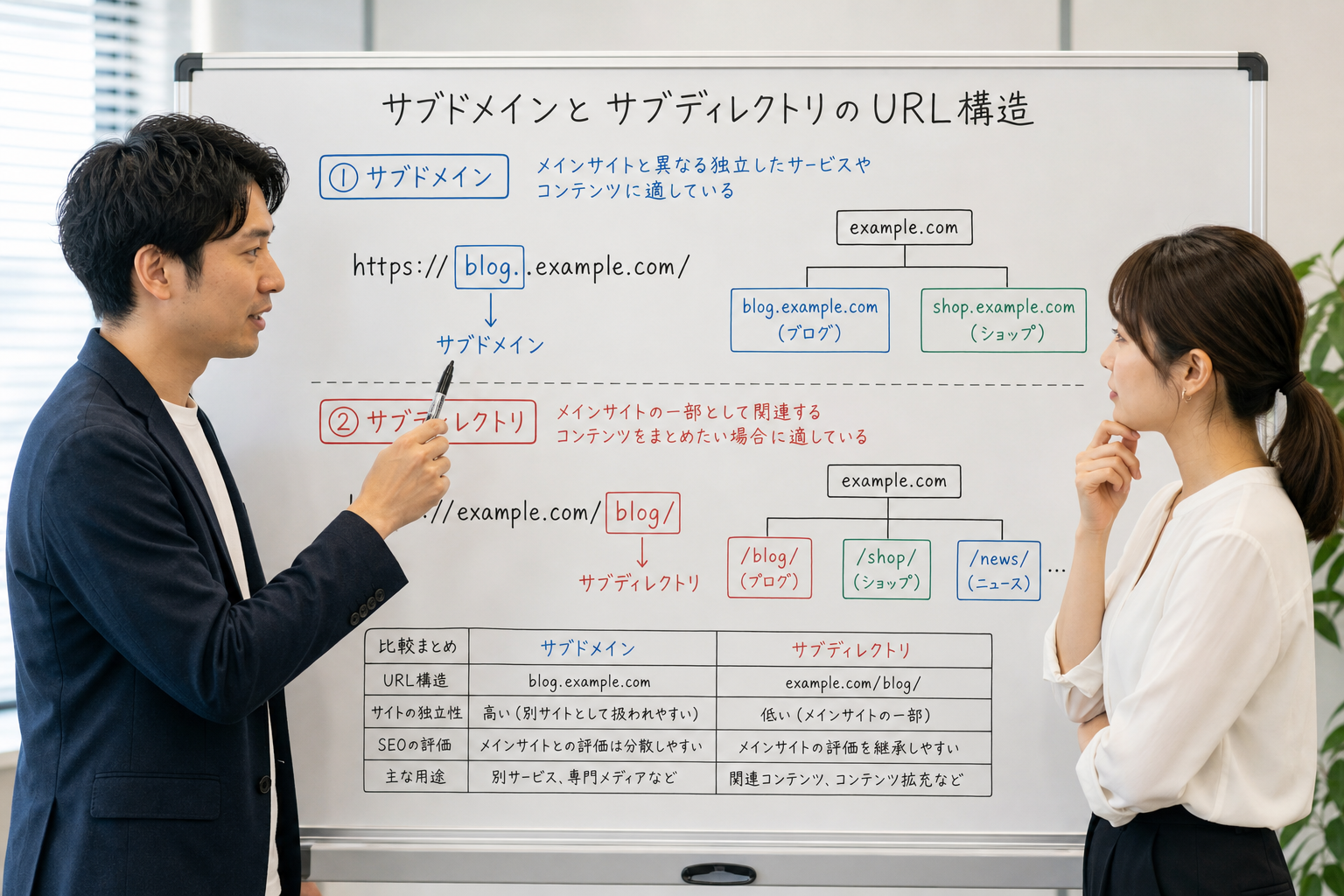 ホワイトボードにサブドメインとサブディレクトリのURL構造図を描きながら議論する20代後半のWebマーケターの男女