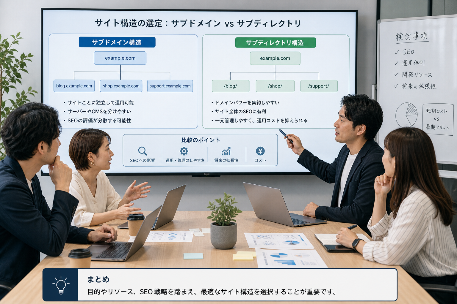 会議室で複数のモニターを前にサイト構造の選定について議論する30代のマーケティングチームメンバー4名