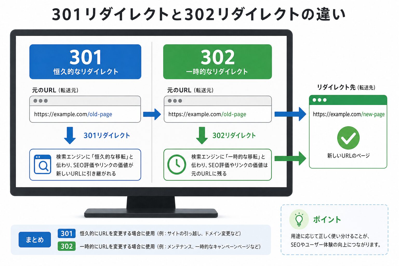 パソコンのモニターに301と302のステータスコードが対比表示され、矢印でリダイレクト先のURLに転送される様子を示すフラットなインフォグラフィック画像
