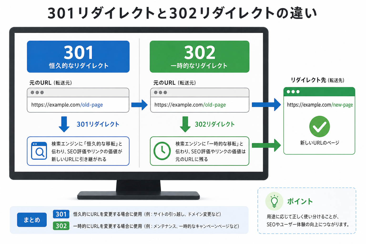 パソコンのモニターに301と302のステータスコードが対比表示され、矢印でリダイレクト先のURLに転送される様子を示すフラットなインフォグラフィック画像