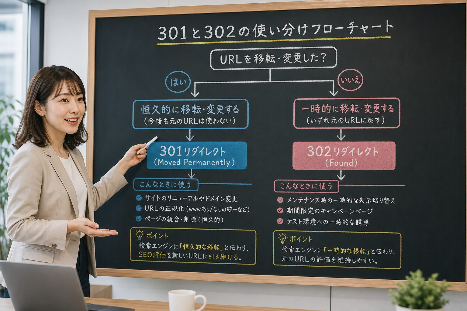 黒板の前で説明する女性Web担当者が301と302の使い分けフローチャートを指し示しているオフィスのシーン