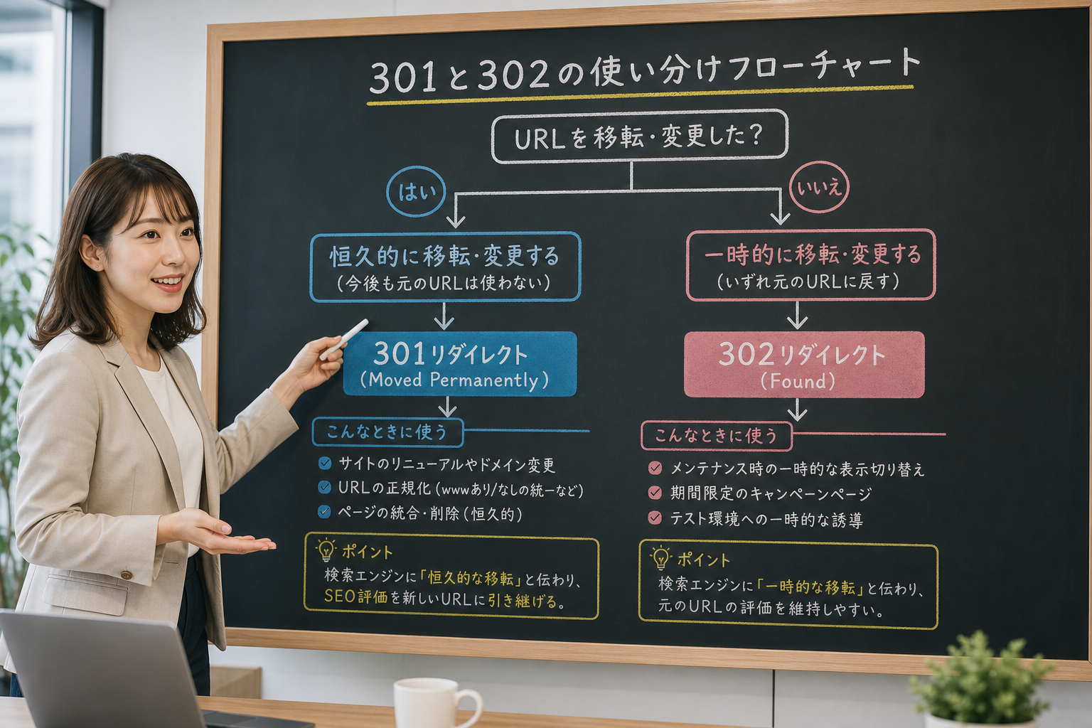 黒板の前で説明する女性Web担当者が301と302の使い分けフローチャートを指し示しているオフィスのシーン