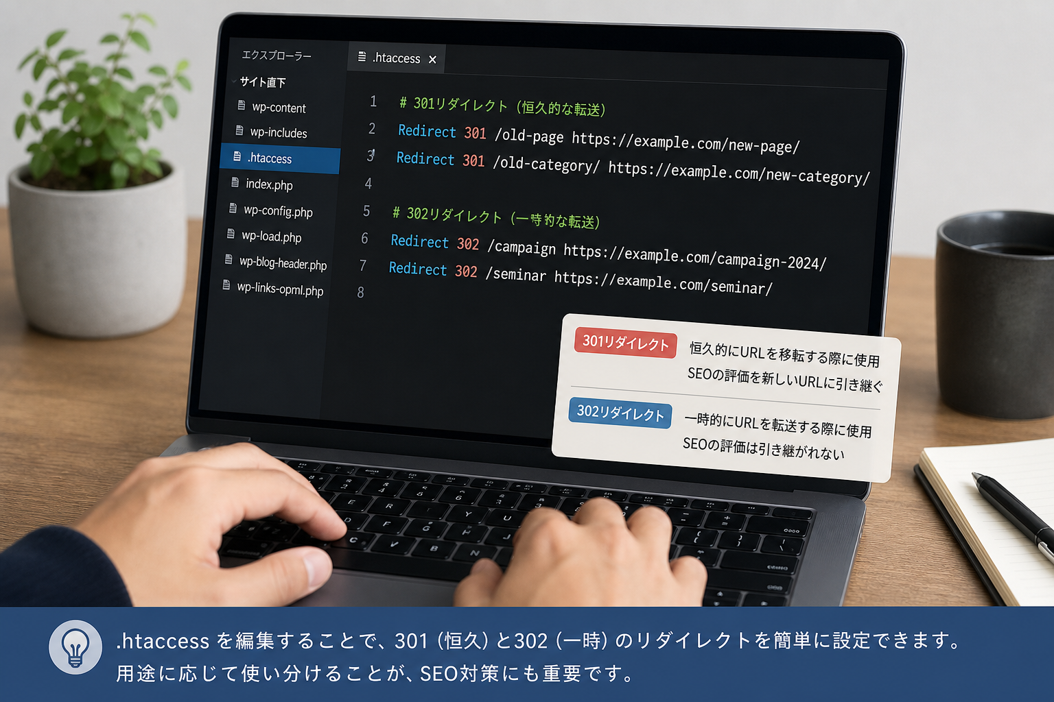 コードエディタの画面に.htaccessのリダイレクト記述が表示され、エンジニアの手元がキーボードを打っている様子