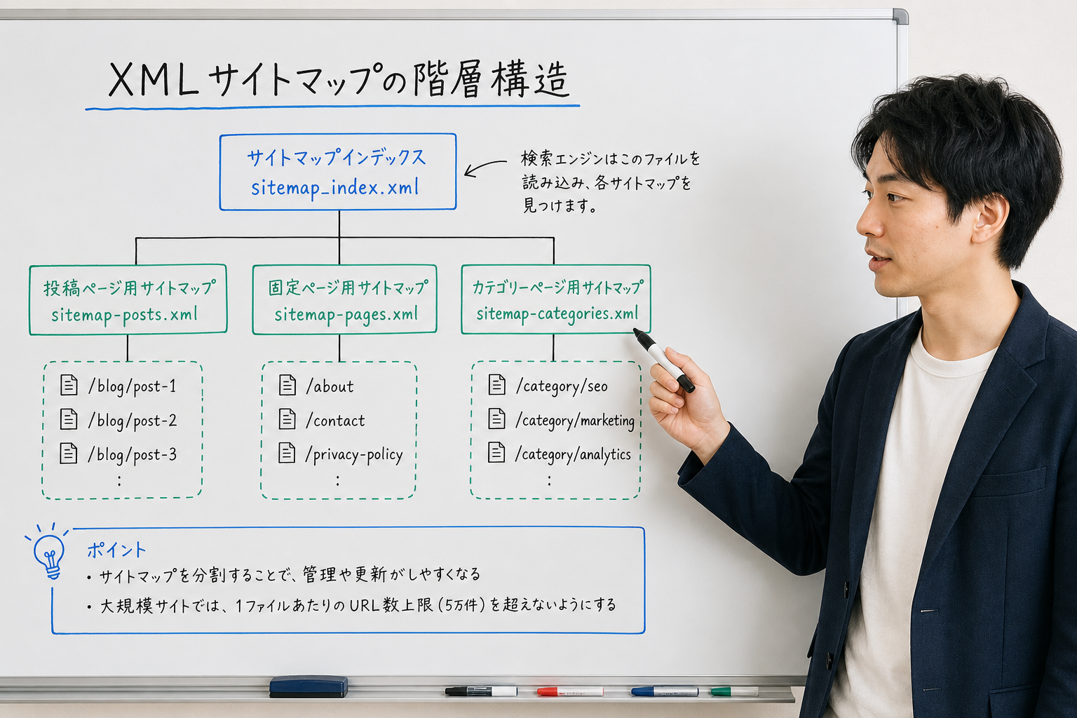 ホワイトボードにXMLサイトマップの階層構造を図解する若い男性エンジニアの様子