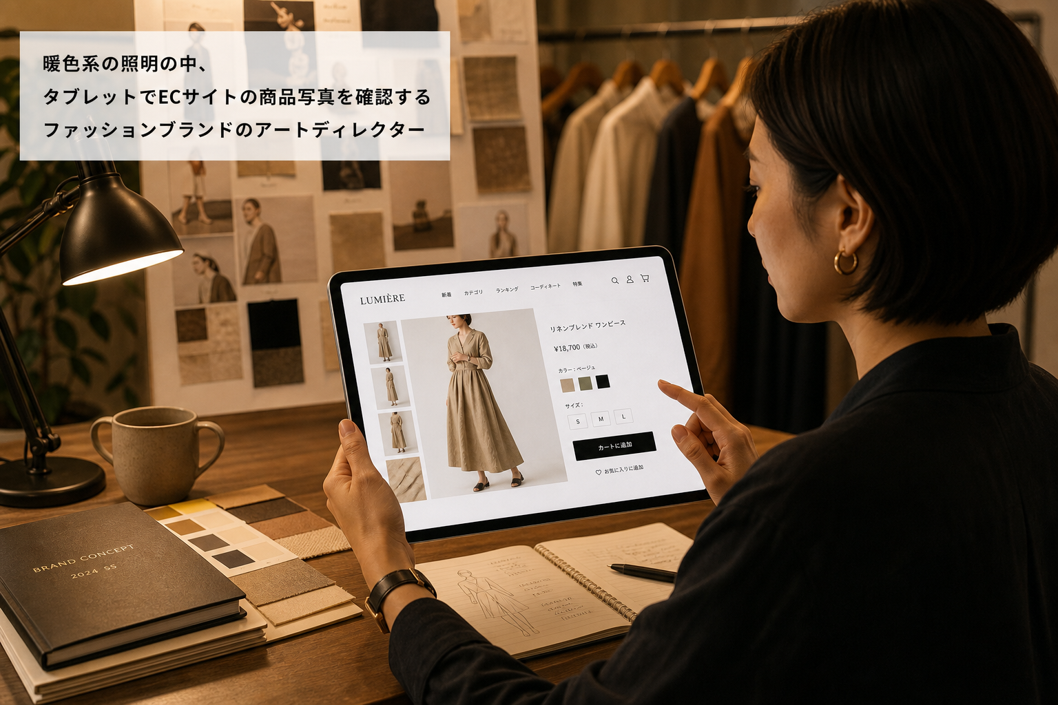 暖色系の照明の中、タブレットでECサイトの商品写真を確認するファッションブランドのアートディレクター