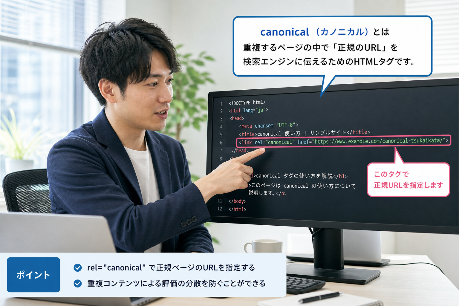 パソコン画面に表示されたHTMLソースコードを指差して説明するWebエンジニアの男性、オフィスの自然光が差し込む環境