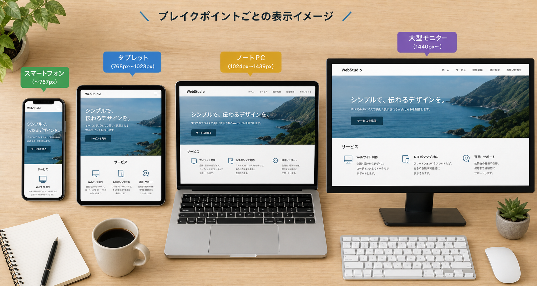 スマートフォン・タブレット・ノートPC・大型モニターが机の上に並び、それぞれ同じWebサイトを表示している俯瞰写真