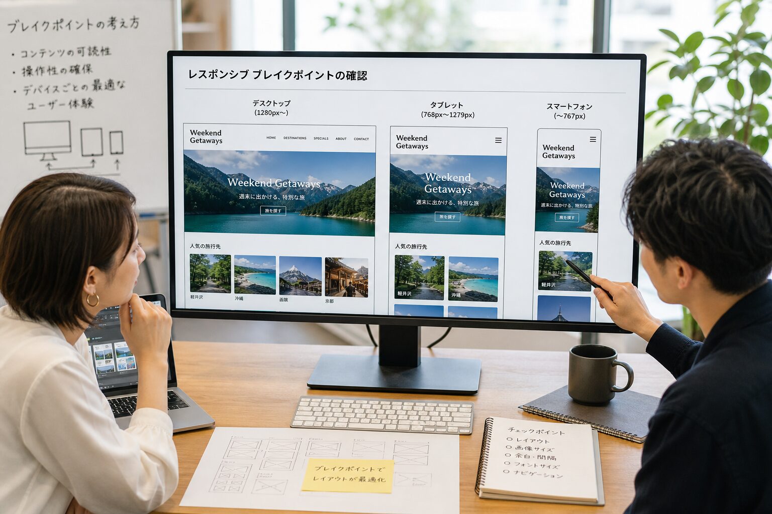 大型モニターでWebサイトのデザインカンプを確認しながらディスカッションする2人のデザイナーの様子