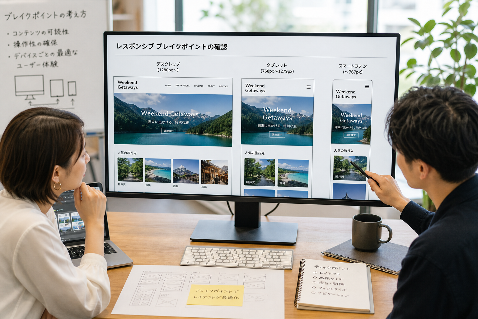 大型モニターでWebサイトのデザインカンプを確認しながらディスカッションする2人のデザイナーの様子