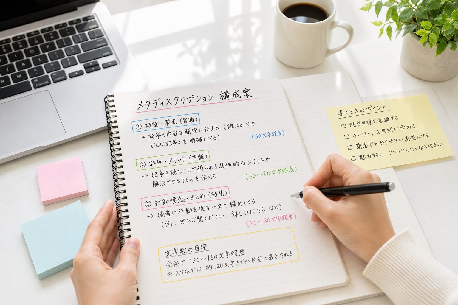 白いデスクの上に置かれたノートとペンで、メタディスクリプションの構成案を書き出しているライターの手元、自然光が差し込む明るい雰囲気