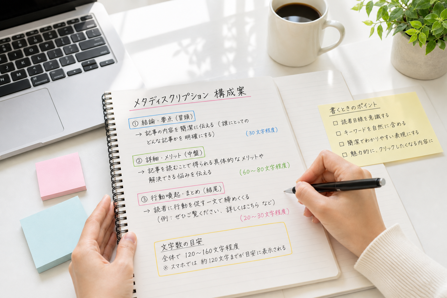 白いデスクの上に置かれたノートとペンで、メタディスクリプションの構成案を書き出しているライターの手元、自然光が差し込む明るい雰囲気