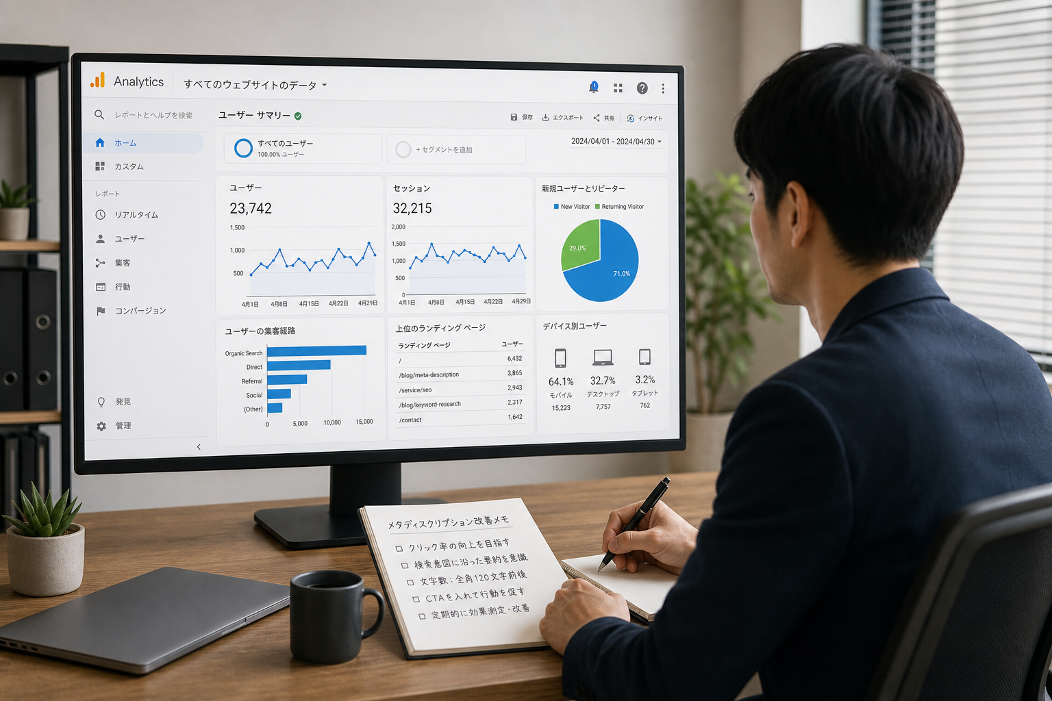 大型モニターに表示されたGoogleアナリティクスのダッシュボードを見ながらメモを取るSEO担当者、オフィスの落ち着いた雰囲気