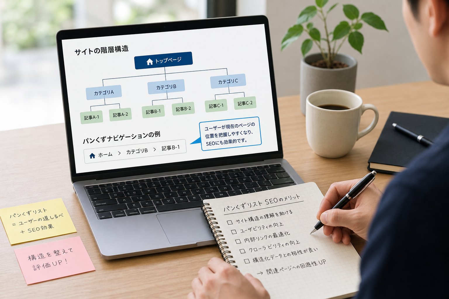 ノートパソコンの画面にウェブサイトの階層構造図とパンくずナビゲーションが表示され、その横でメモを取る30代のWebマーケターの手元