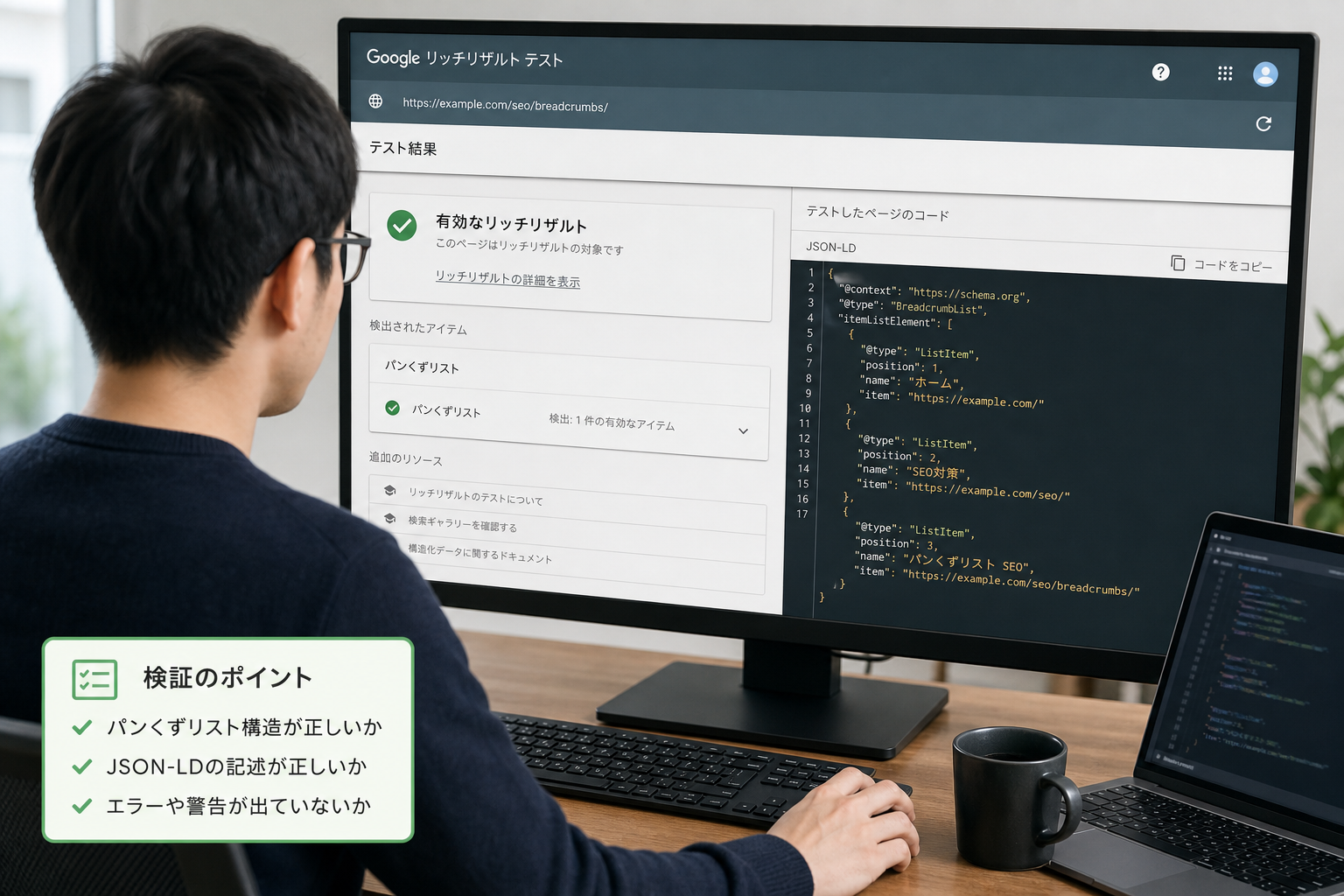 モニターに表示されたGoogleのリッチリザルトテストツールの画面と、JSON-LDコードを確認しながら検証作業をするエンジニアの後ろ姿