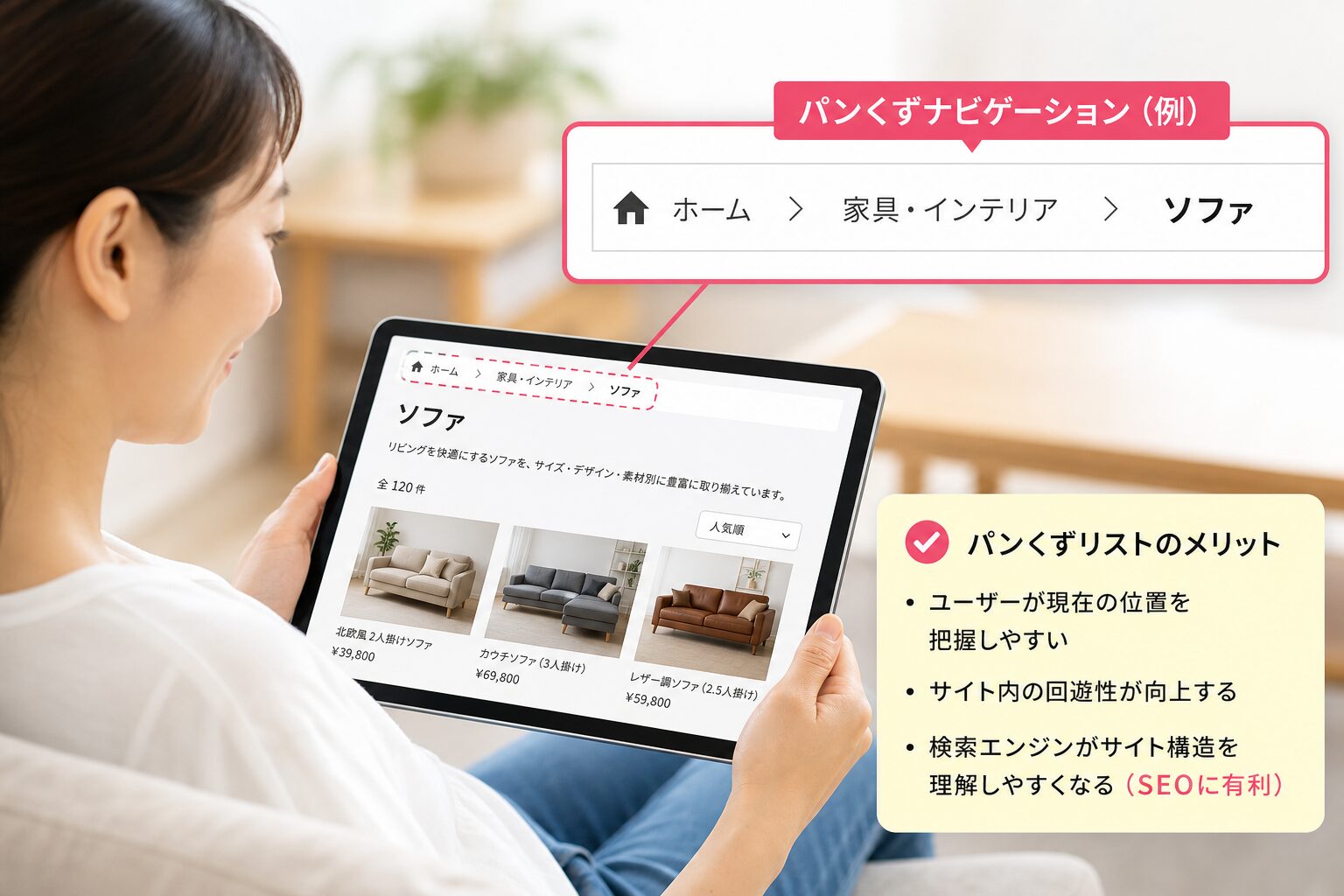 タブレットを持って商品カテゴリページを閲覧する女性と、画面上部に明確に表示されたパンくずナビゲーションのクローズアップ