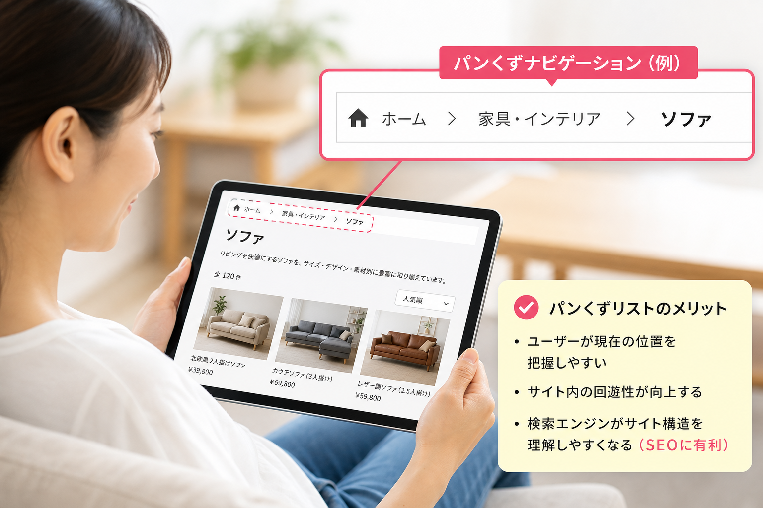 タブレットを持って商品カテゴリページを閲覧する女性と、画面上部に明確に表示されたパンくずナビゲーションのクローズアップ