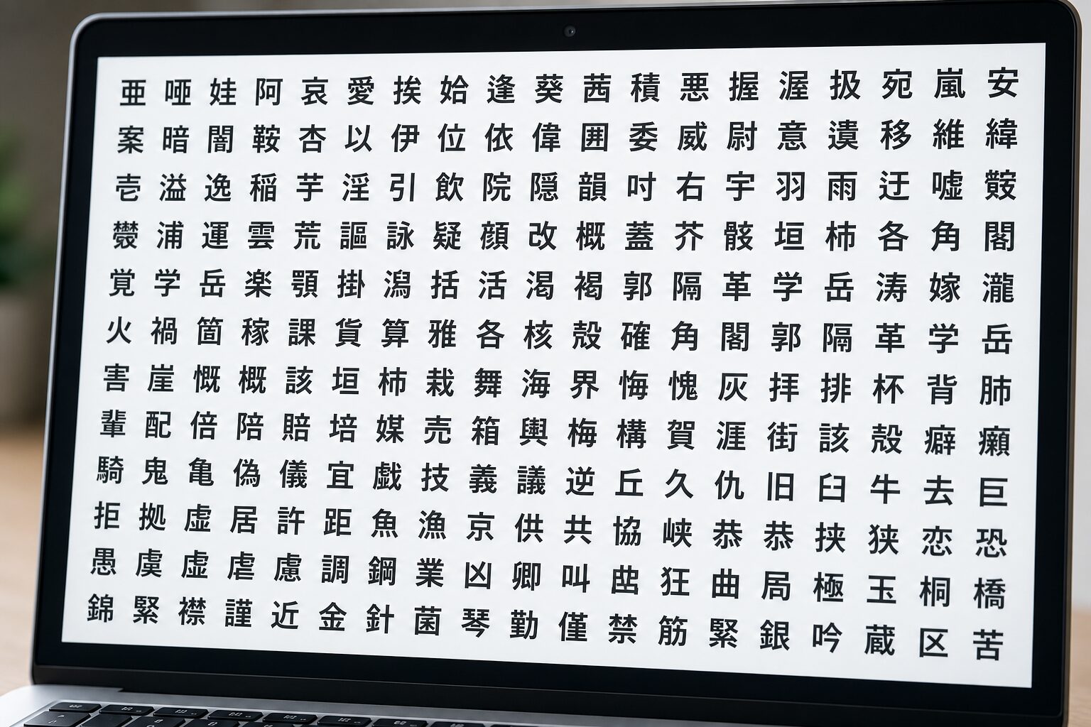 日本語フォントの漢字グリフが画面いっぱいに整列して表示されているコンピューターのクローズアップ