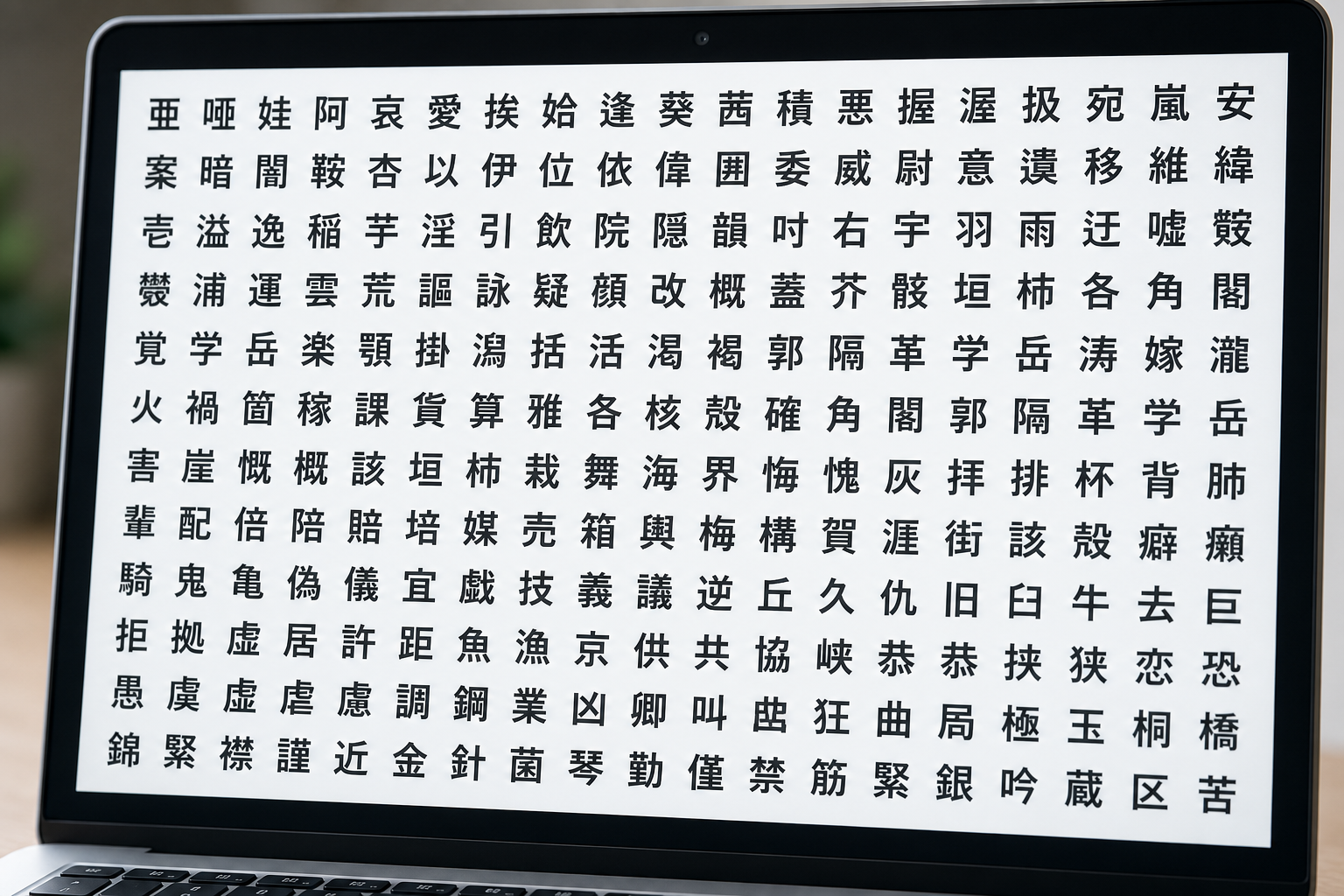 日本語フォントの漢字グリフが画面いっぱいに整列して表示されているコンピューターのクローズアップ