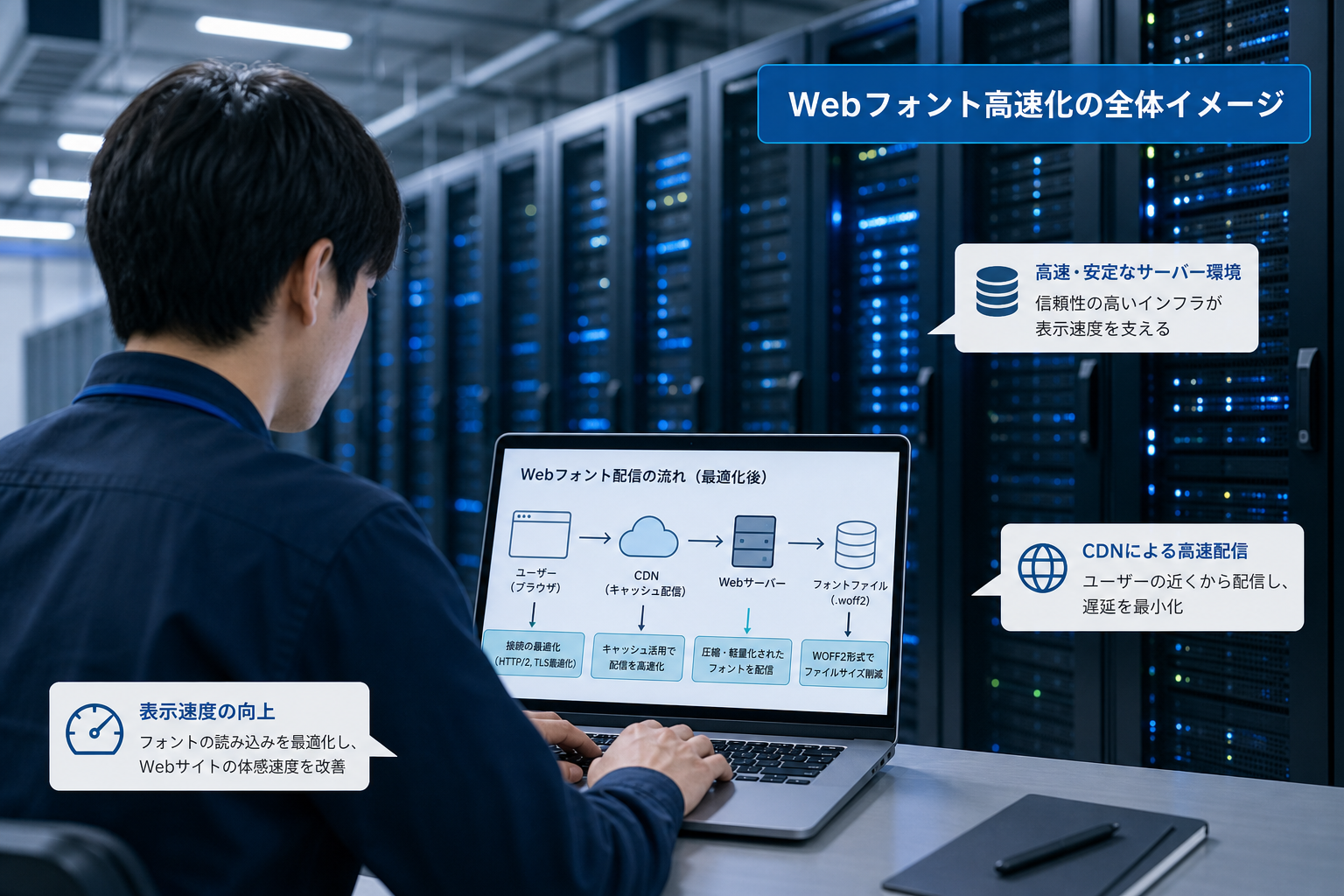 サーバーラックが並ぶデータセンターを背景に、ノートPCでネットワーク図を確認するエンジニアの後ろ姿