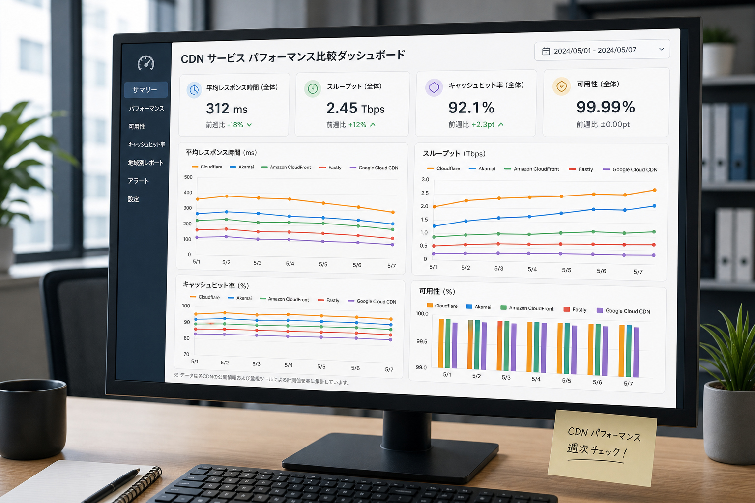 オフィスのモニターに複数のCDNサービスのパフォーマンスを比較するダッシュボードグラフが映し出されている様子