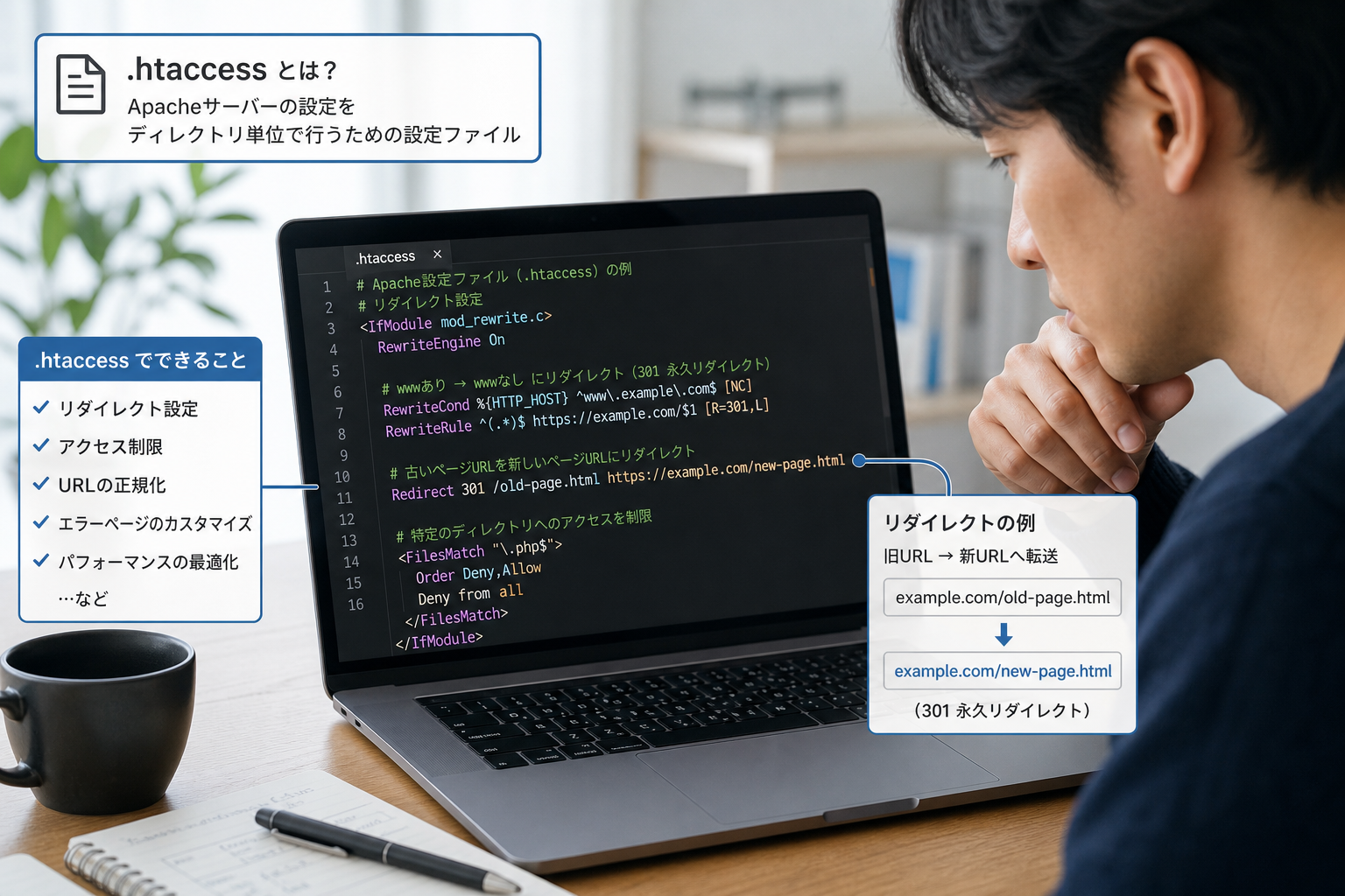 ノートパソコンの画面にApacheサーバーの設定ファイルとリダイレクトコードが表示され、男性エンジニアが真剣に確認している様子