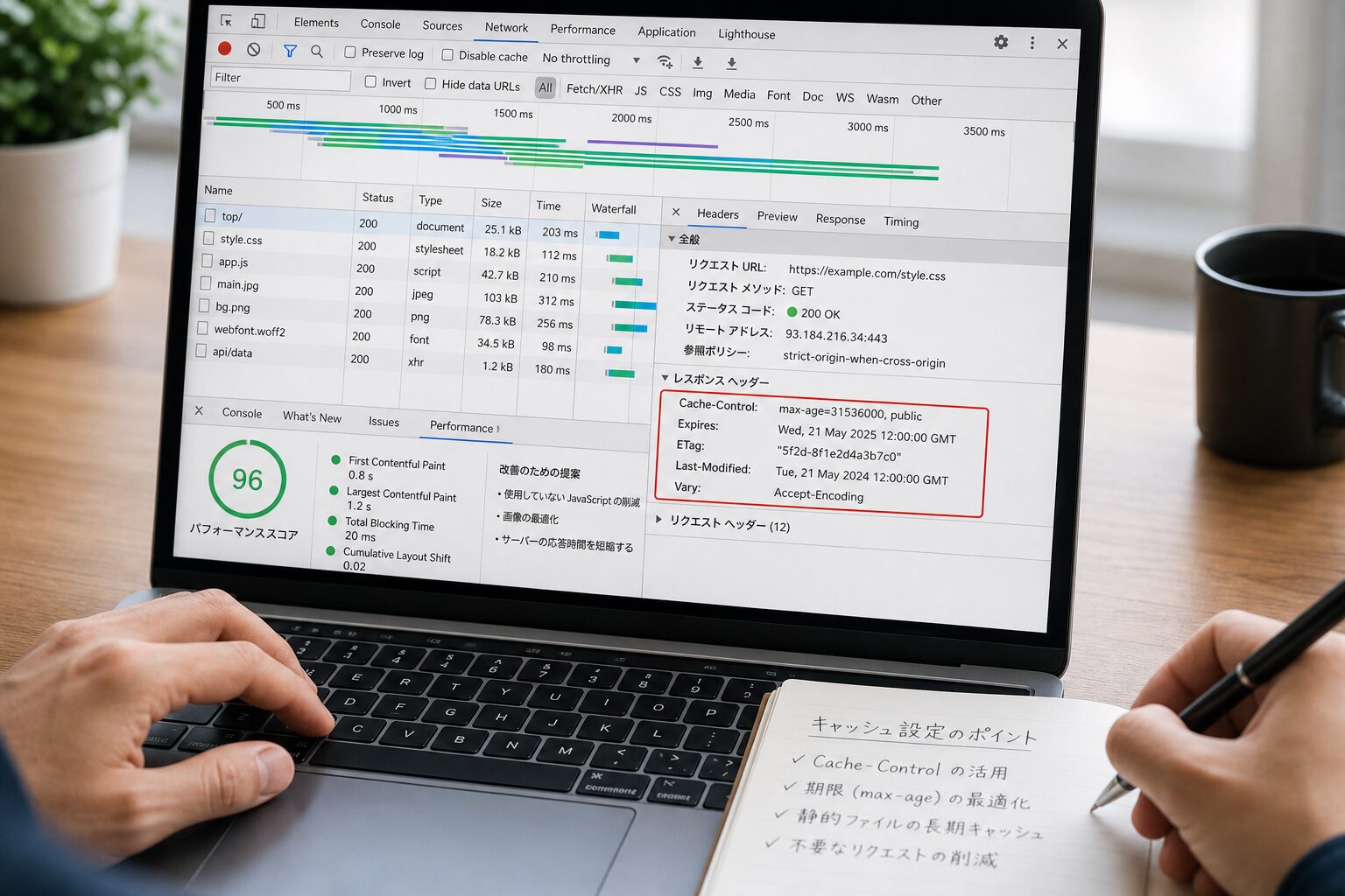 ブラウザの開発者ツールでサイトの表示速度とキャッシュ設定を解析しているWeb担当者の手元のクローズアップ