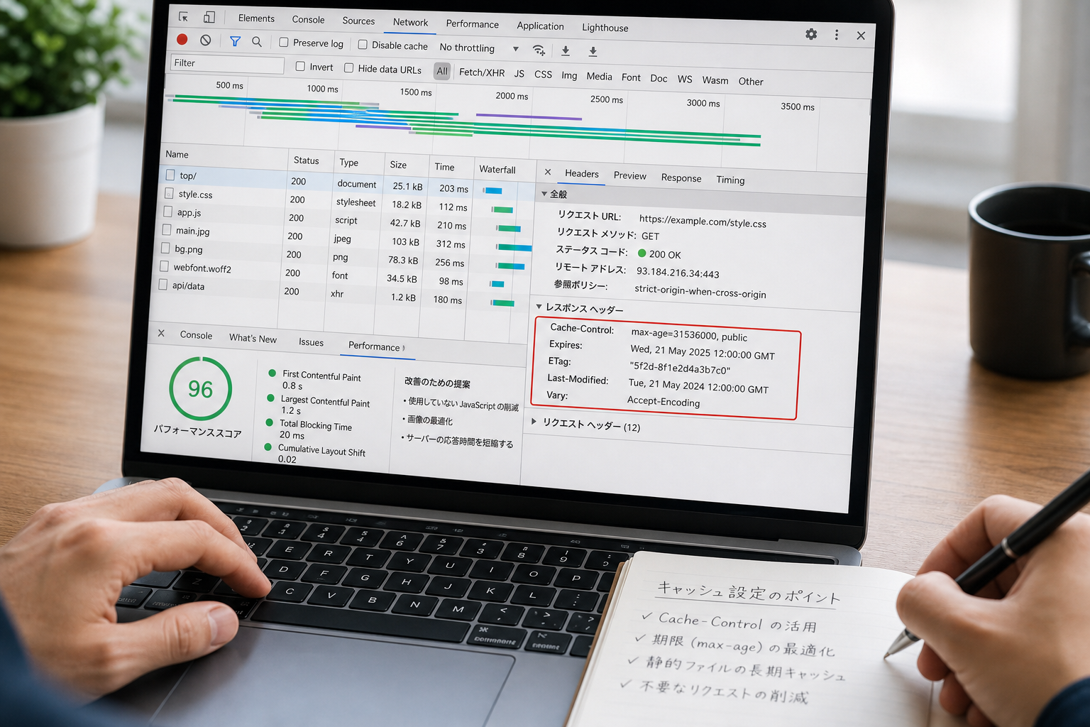 ブラウザの開発者ツールでサイトの表示速度とキャッシュ設定を解析しているWeb担当者の手元のクローズアップ