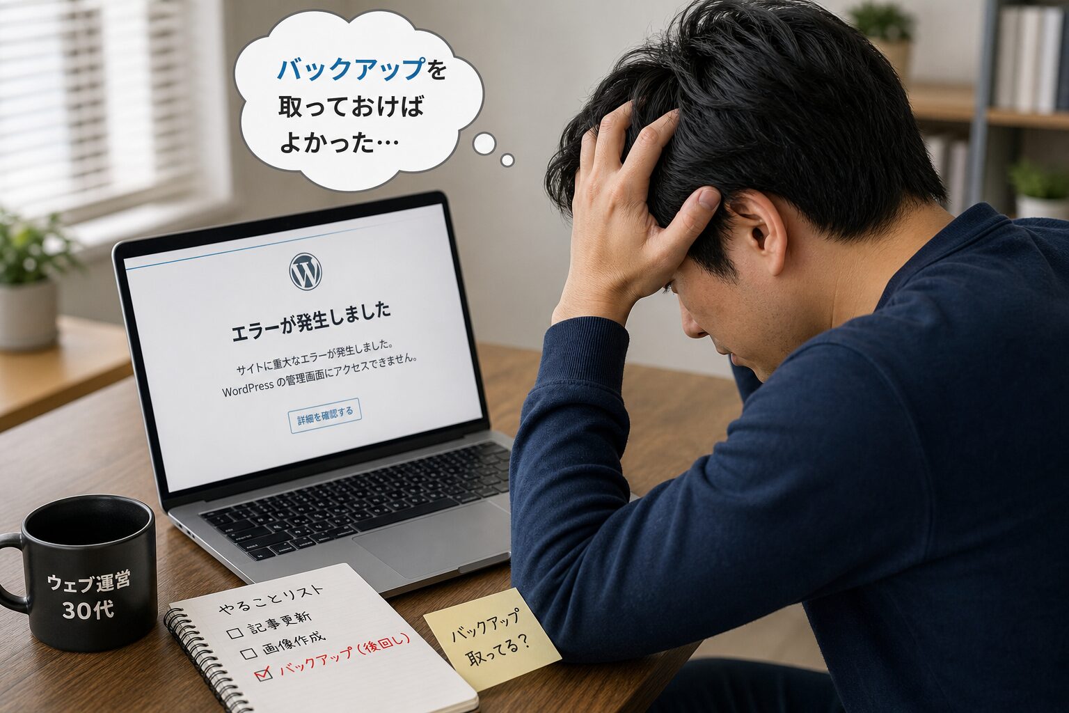 ノートパソコンの画面にエラーメッセージが表示され、頭を抱える30代の男性ウェブ運営者