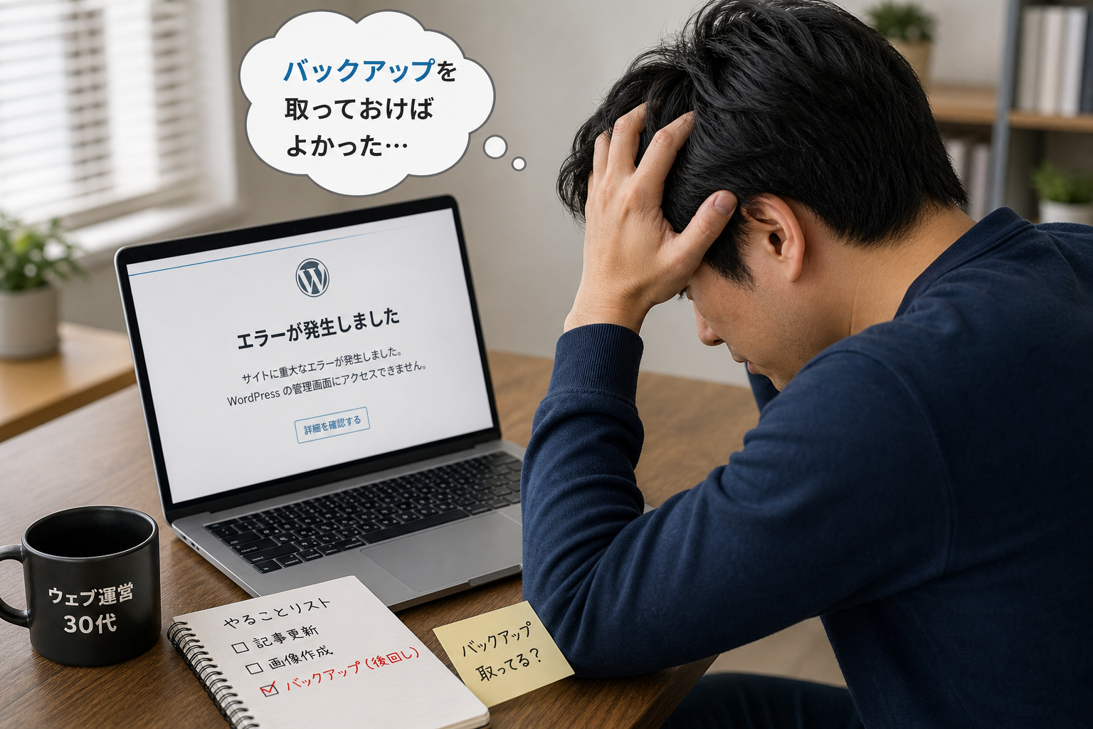ノートパソコンの画面にエラーメッセージが表示され、頭を抱える30代の男性ウェブ運営者