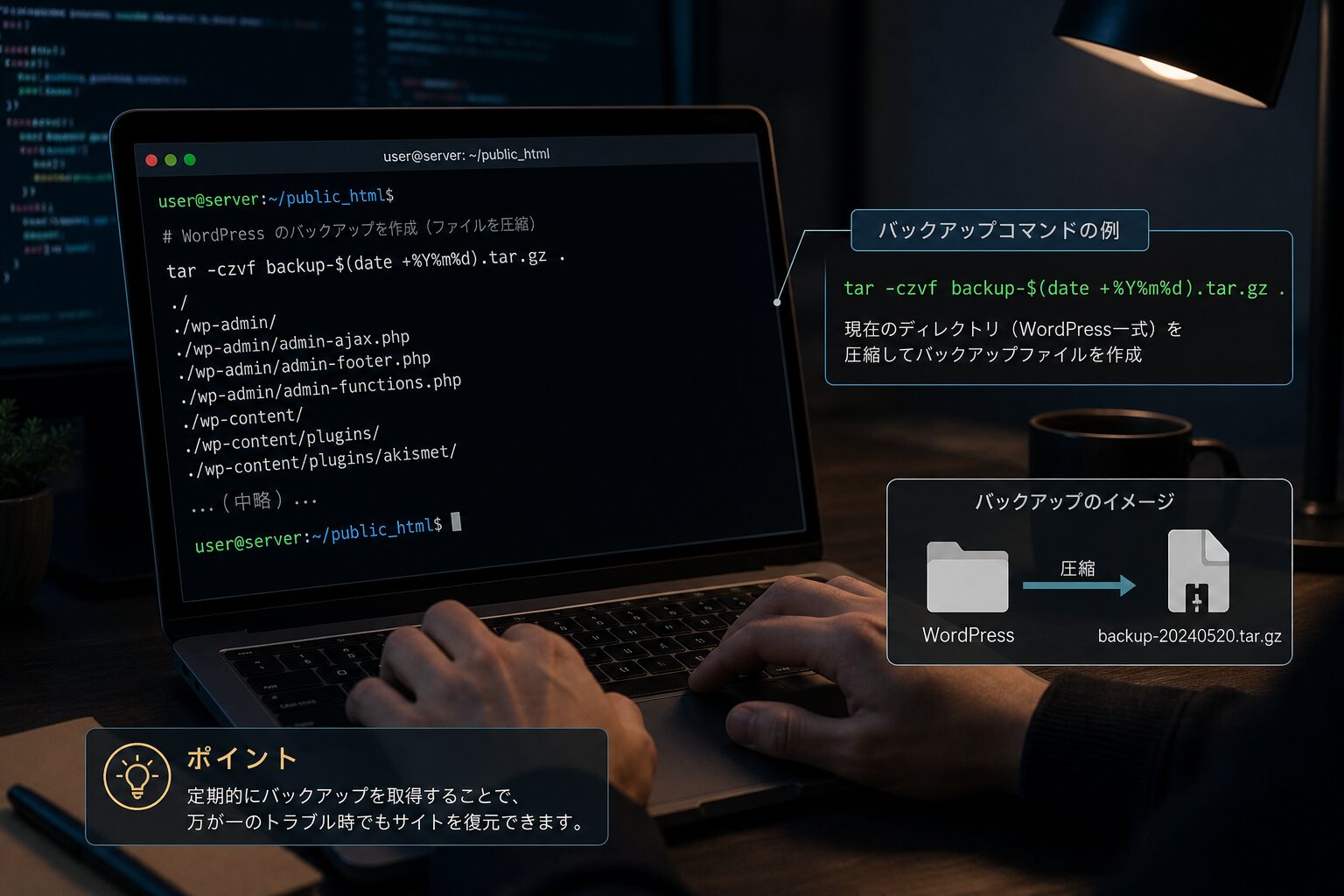 ターミナル画面でコマンドを入力するエンジニアの手元、暗めの作業環境