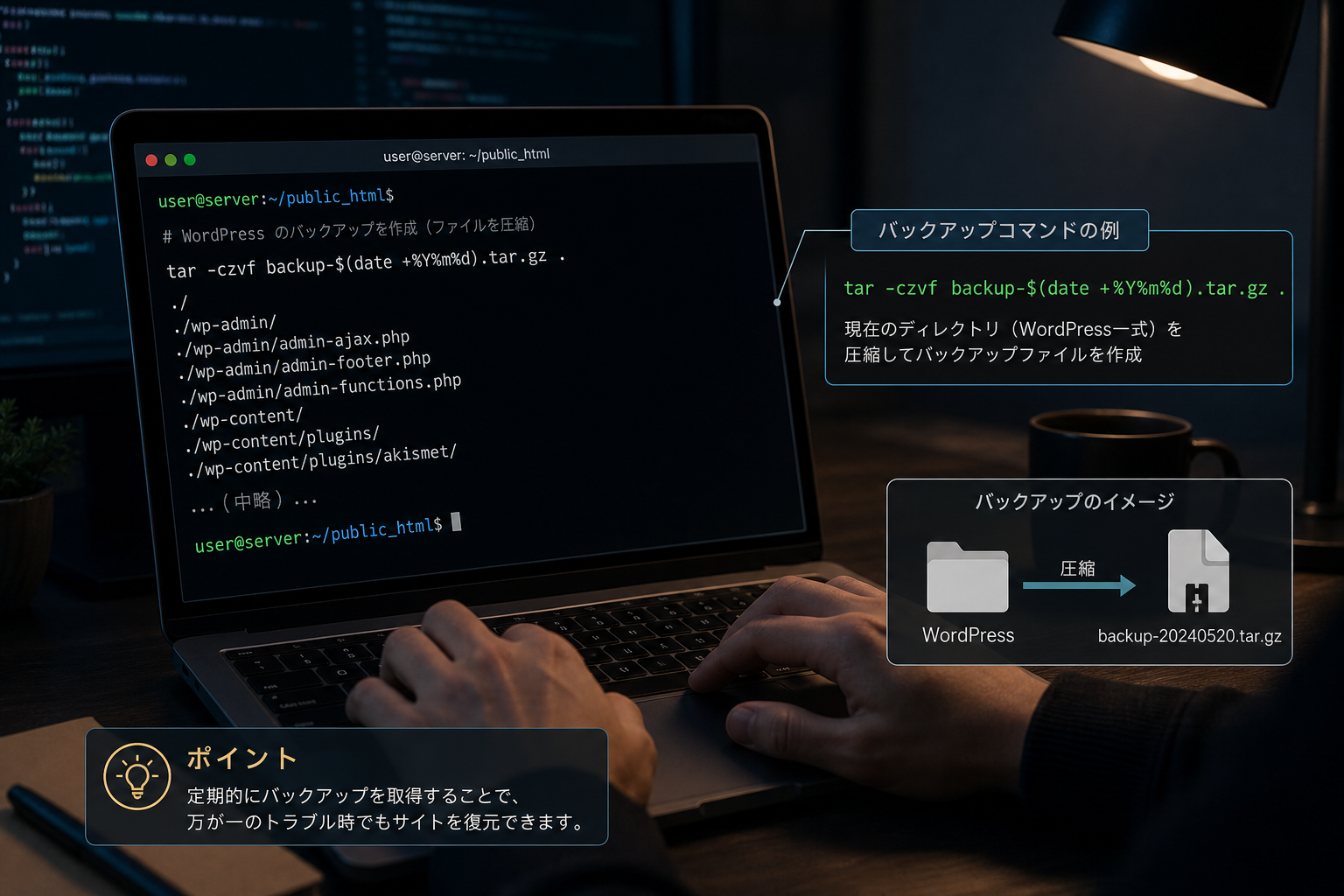 ターミナル画面でコマンドを入力するエンジニアの手元、暗めの作業環境