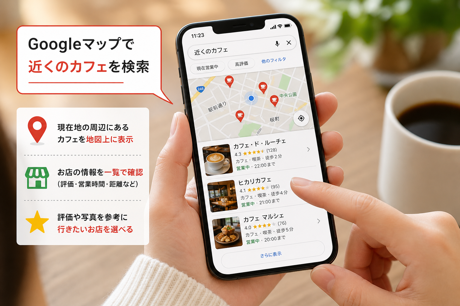 スマートフォンでGoogleマップを操作し、近くのカフェを検索している女性の手元のクローズアップ