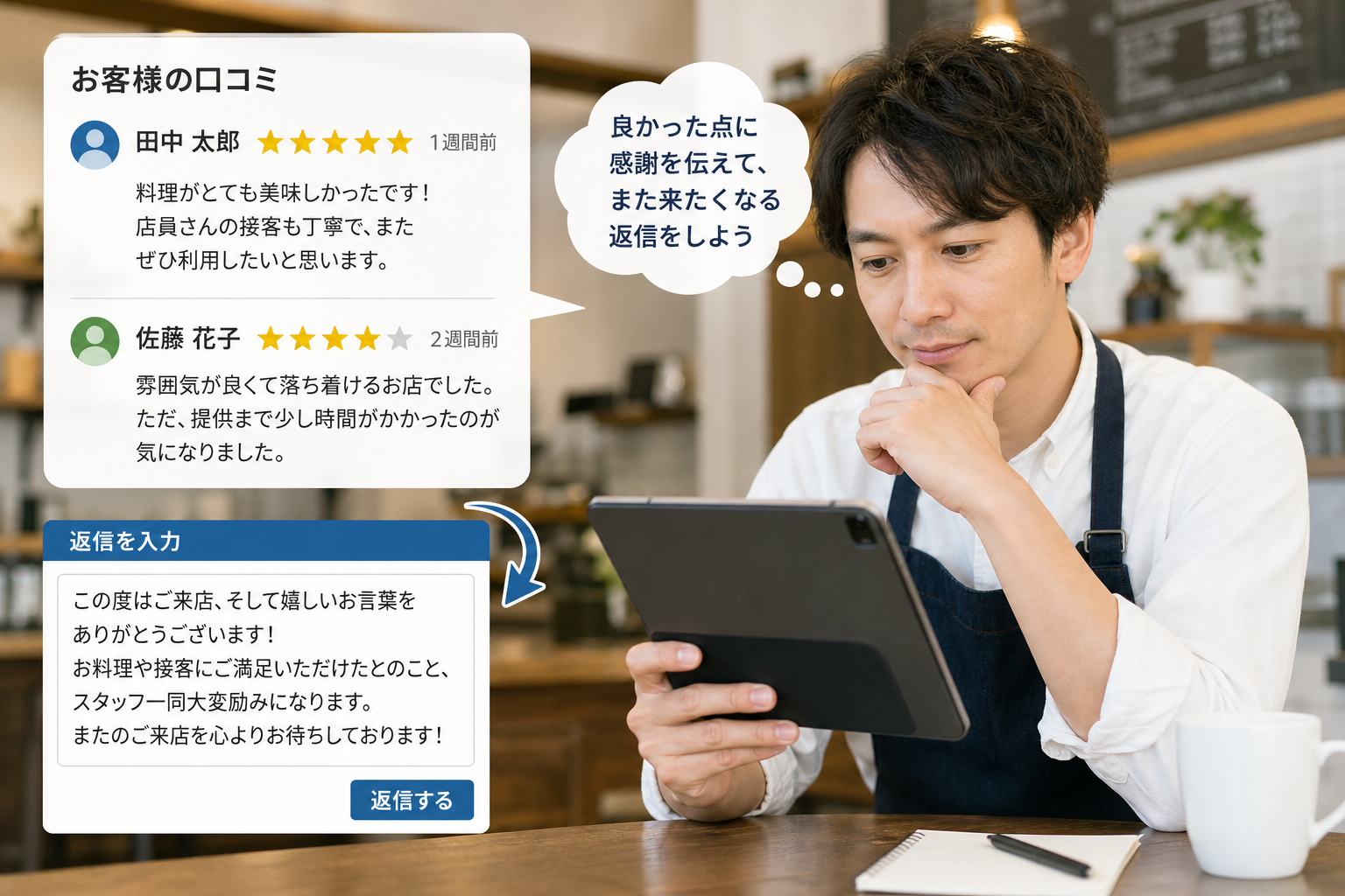 タブレットでお客様の口コミを確認しながら返信文を考えている店舗オーナーの男性