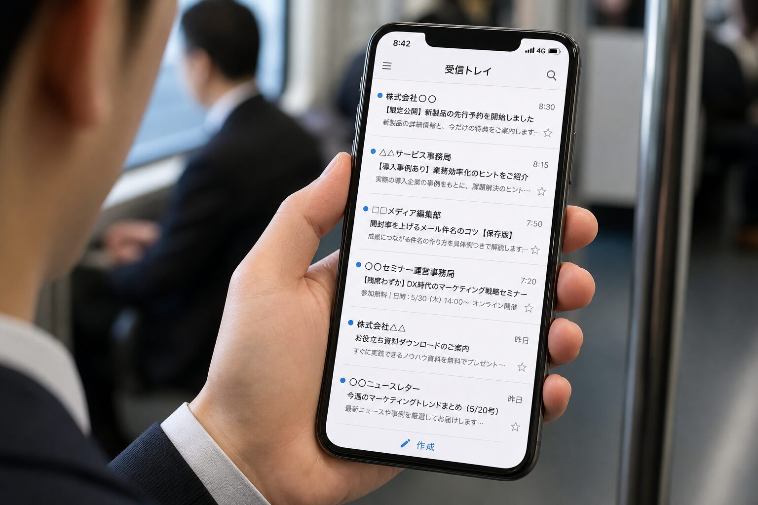 スマートフォンの受信トレイ画面を確認している通勤中のビジネスパーソンの手元、件名とプリヘッダーが鮮明に映る