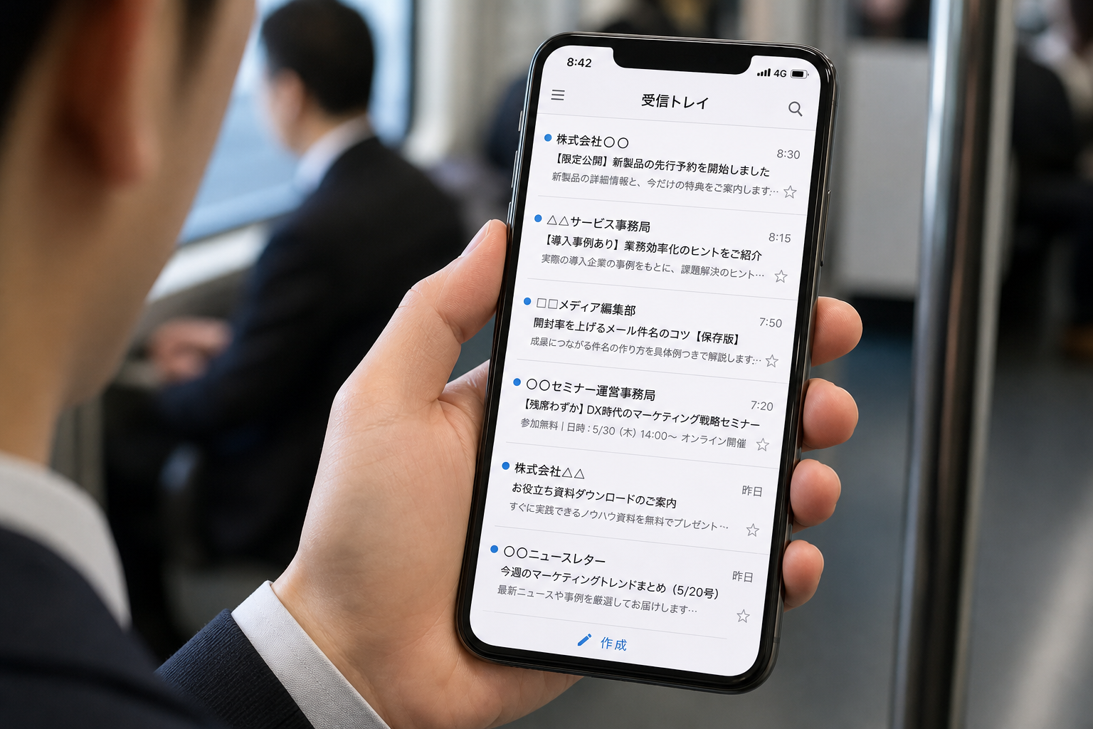 スマートフォンの受信トレイ画面を確認している通勤中のビジネスパーソンの手元、件名とプリヘッダーが鮮明に映る