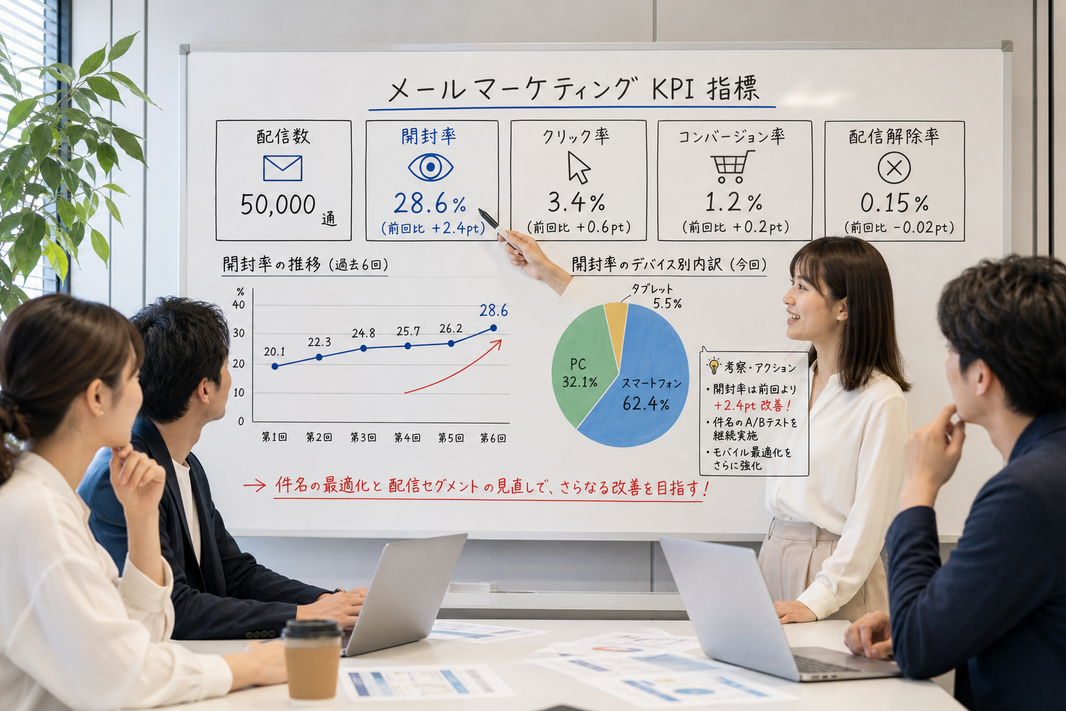 会議室のホワイトボードにメールマーケティングのKPI指標とグラフが書かれ、複数のマーケターがディスカッションしている様子