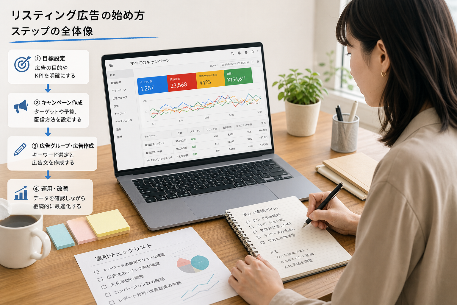 ノートパソコンで広告管理画面を確認しながらメモを取る30代女性マーケターのデスク全景