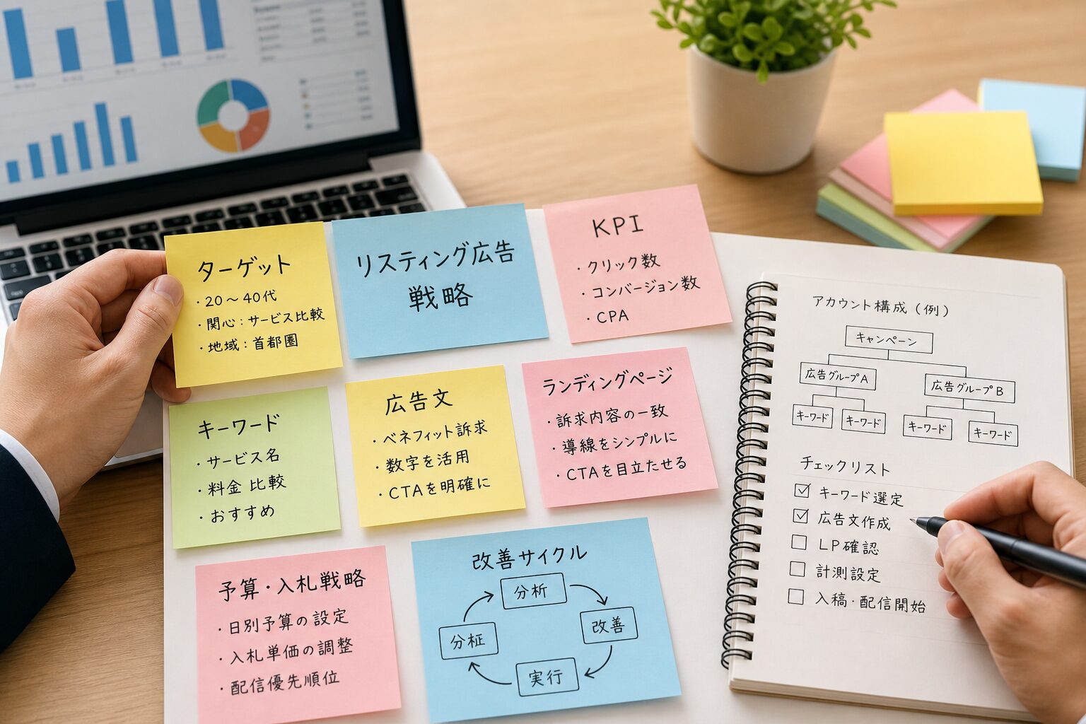 付箋とメモを使ってマーケティング戦略を整理するビジネスパーソンの手元のクローズアップ