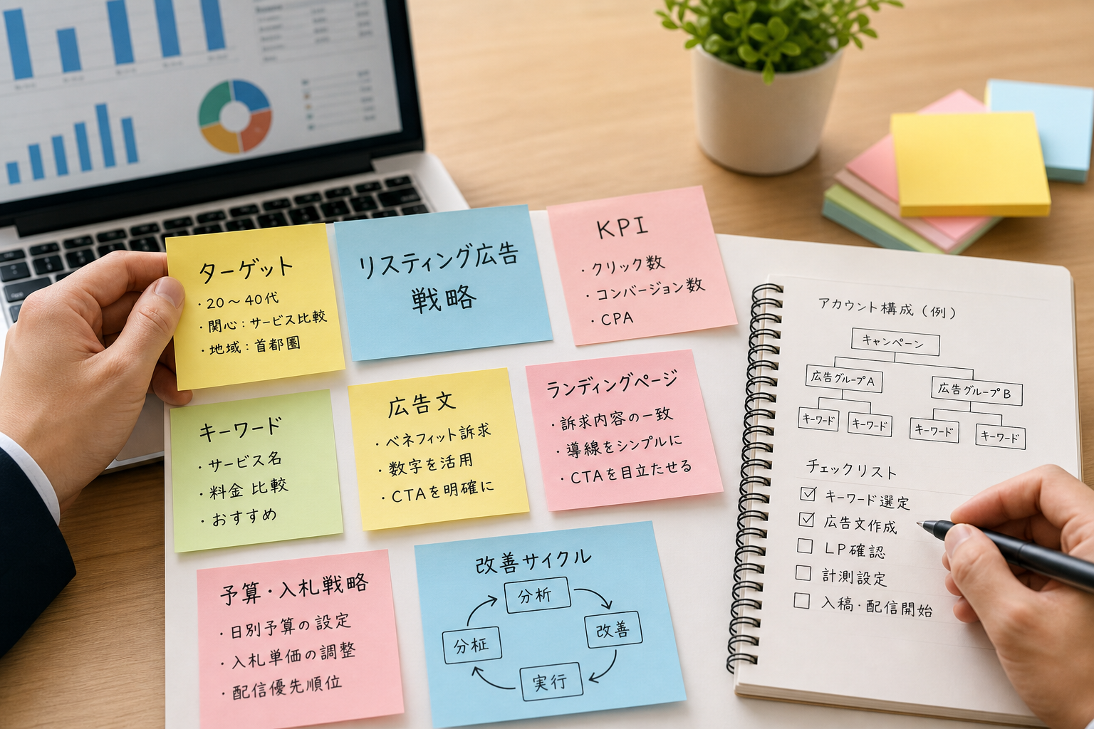 付箋とメモを使ってマーケティング戦略を整理するビジネスパーソンの手元のクローズアップ