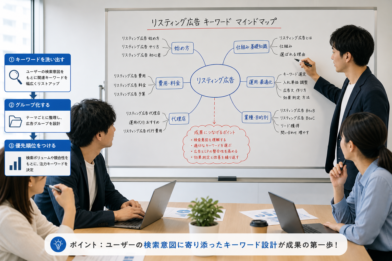 会議室でホワイトボードに広告キーワードのマインドマップを書き出すマーケティングチーム